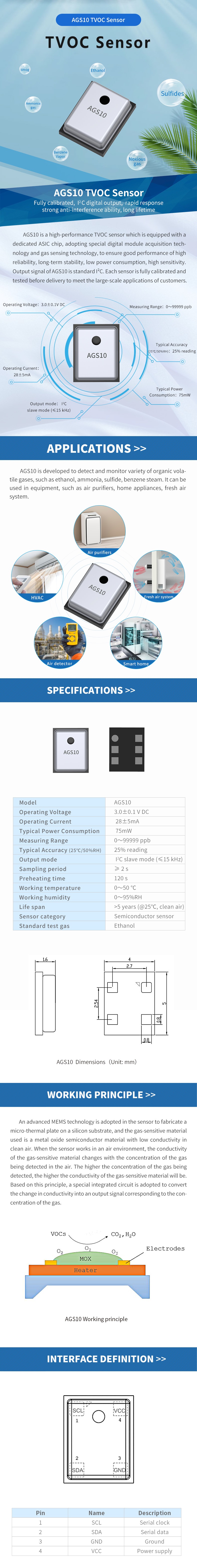 AGS10 Ethanol Ammonia Detection I²C Digital Signal TVOC Gas Sensor