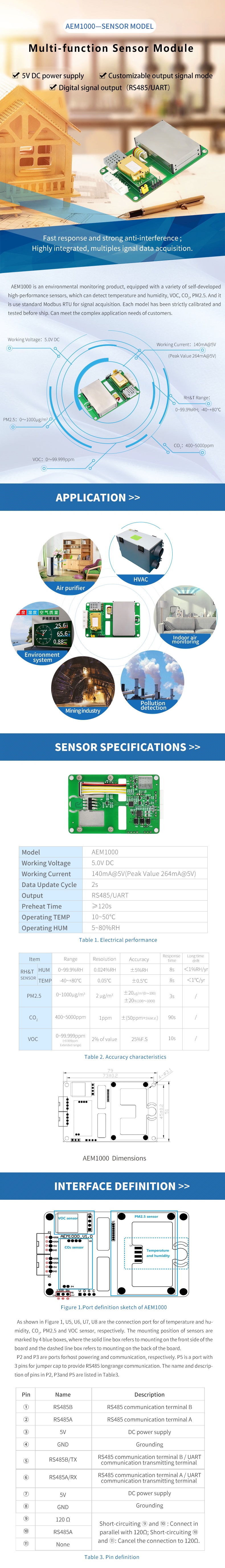 AEM1000 Digital Output 485 Interface Fast Response Interference Resistant All-in-One Sensor Module